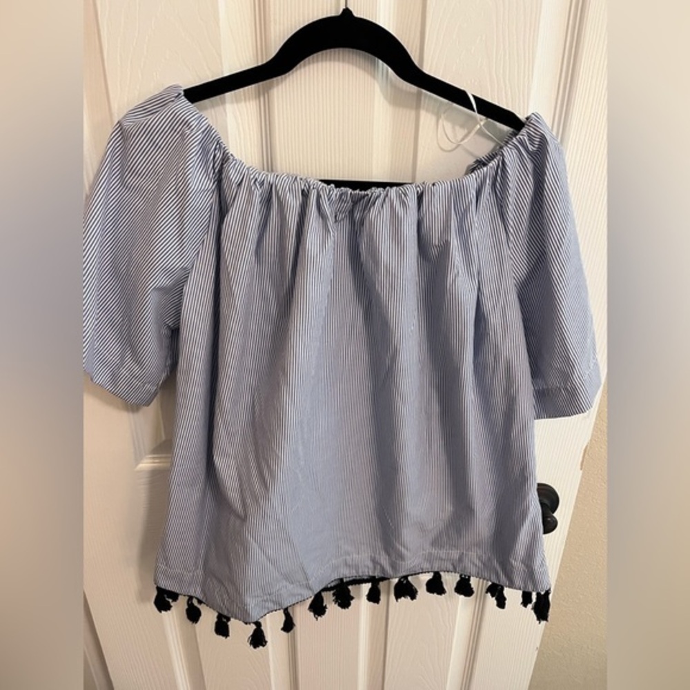 Off shoulder navy and white stripe tassel bottom top